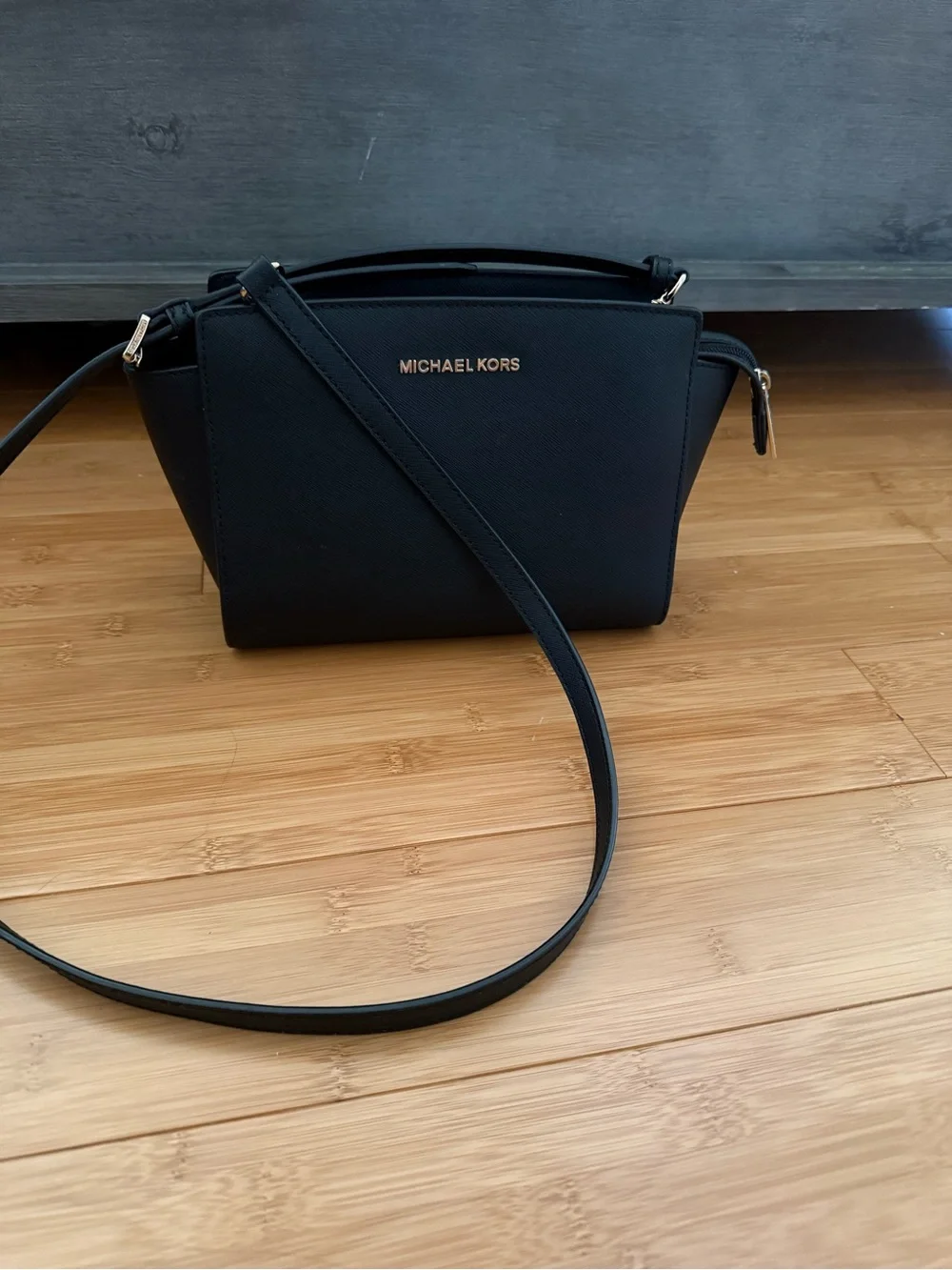 Michael Kors Black Saffiano Crossbody with Gold Logo
